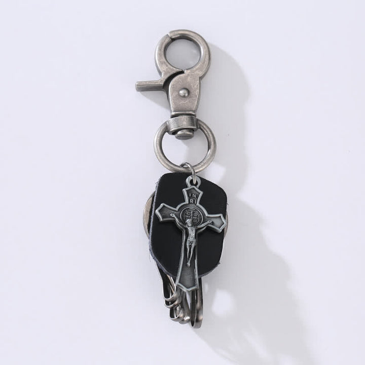 Porte-clés rétro en cuir avec motif de croix suspendu