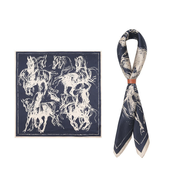 Foulard carré à imprimé cheval abstrait bleu marine et beige