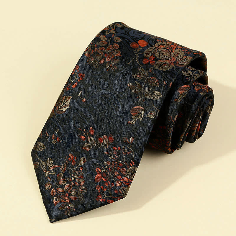 Cravate brodée florale bleu nuit et rouge pour homme