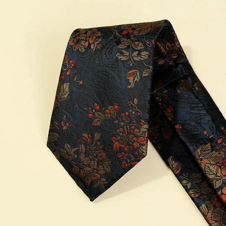 Cravate brodée florale bleu nuit et rouge pour homme