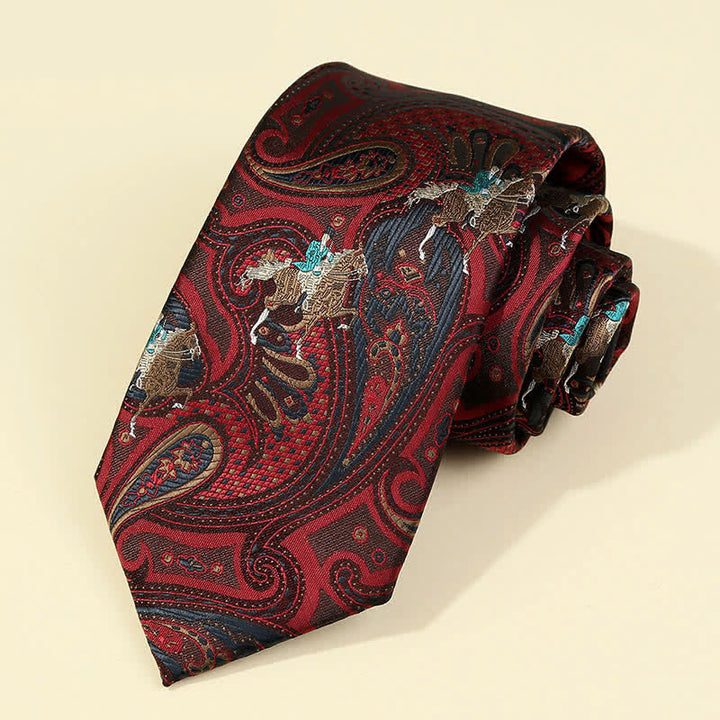 Cravate bordeaux pour homme avec broderies Paisley et chevaux