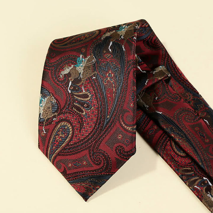 Cravate bordeaux pour homme avec broderies Paisley et chevaux