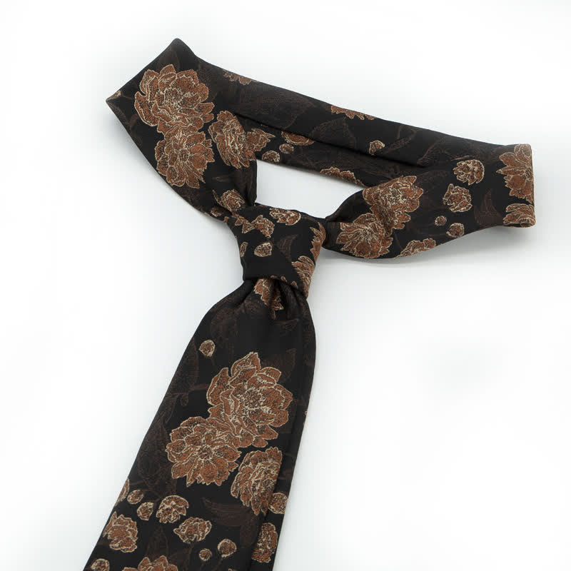 Cravate élégante à motif floral et feuilles pour homme, bleu marine et marron