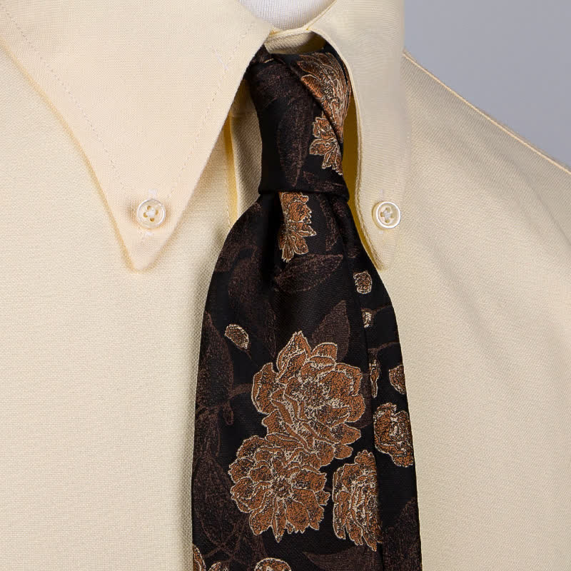 Cravate élégante à motif floral et feuilles pour homme, bleu marine et marron
