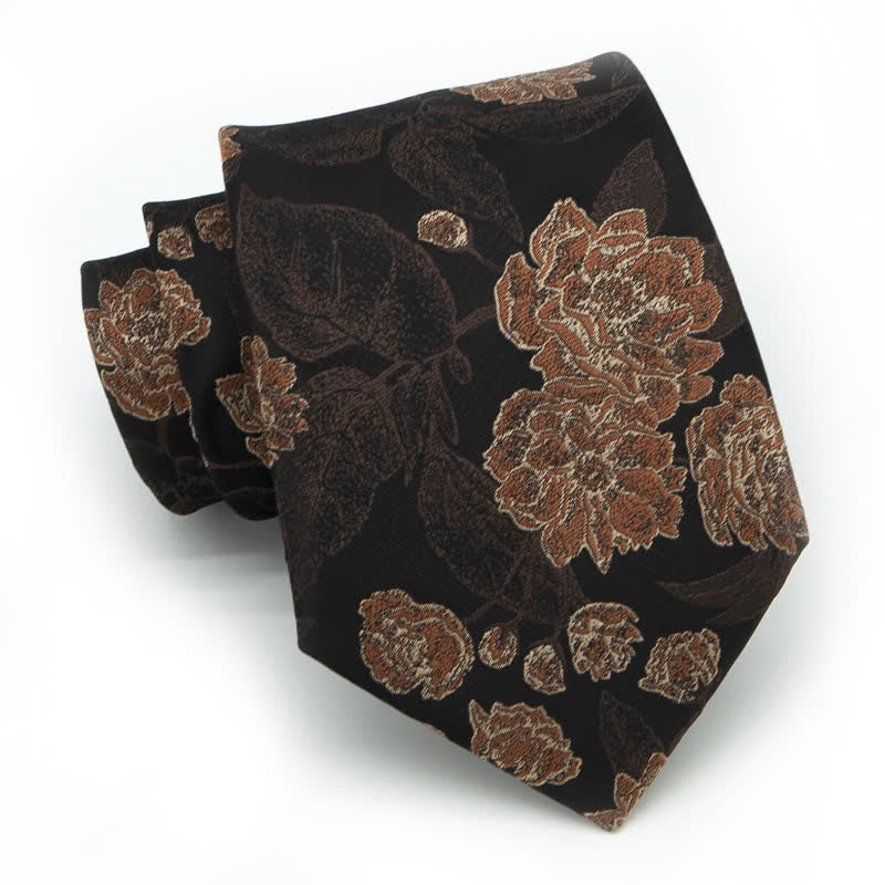 Cravate élégante à motif floral et feuilles pour homme, bleu marine et marron