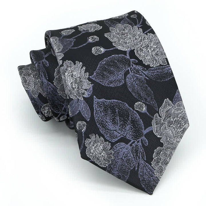 Cravate élégante à motif floral et feuilles pour homme, bleu marine et marron