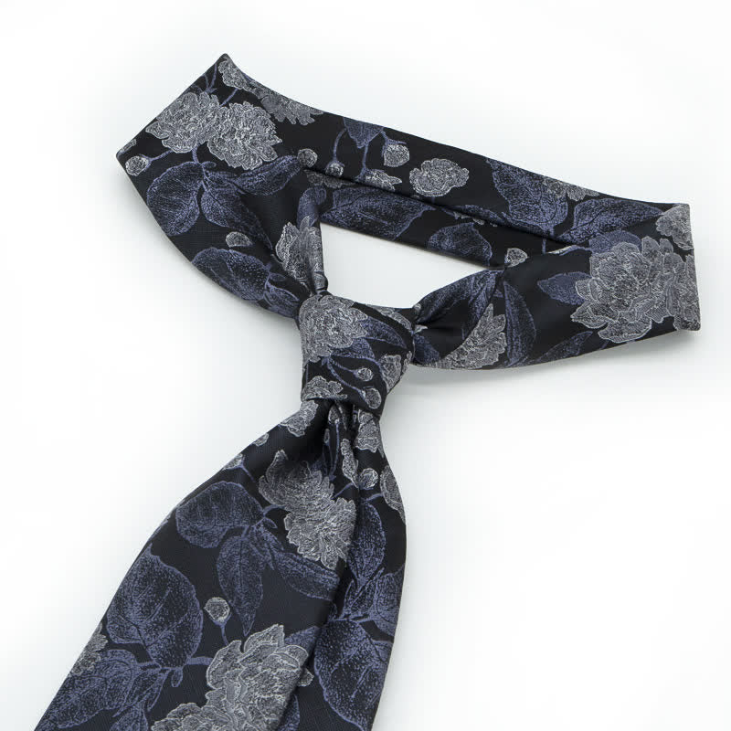 Cravate élégante à motif floral et feuilles pour homme, bleu marine et marron