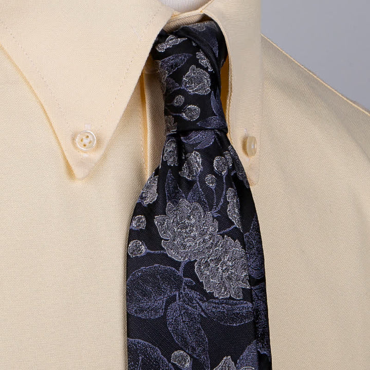 Cravate élégante à motif floral et feuilles pour homme, bleu marine et marron