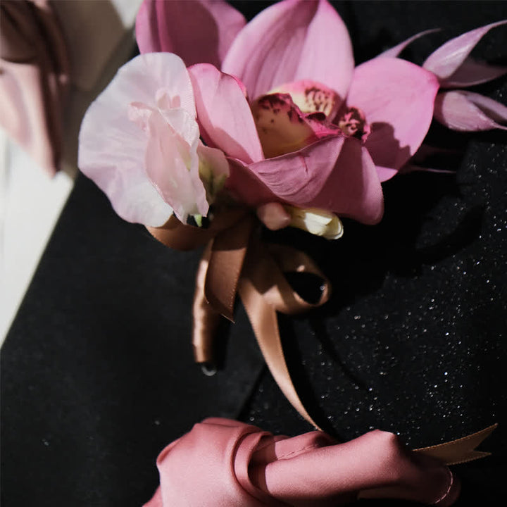 Ensemble de 3 nœuds papillon en queue de poisson avec broche et mouchoir rose fumé pour homme