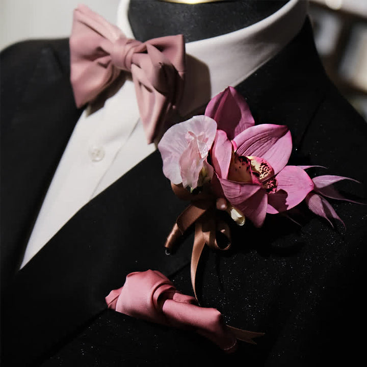 Ensemble de 3 nœuds papillon en queue de poisson avec broche et mouchoir rose fumé pour homme
