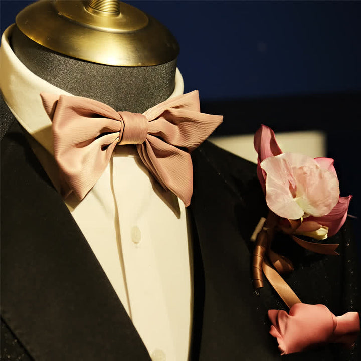 Ensemble de 3 nœuds papillon en queue de poisson avec broche et mouchoir rose fumé pour homme