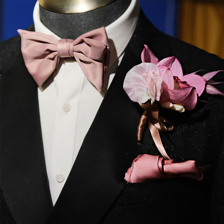 Ensemble de 3 nœuds papillon en queue de poisson avec broche et mouchoir rose fumé pour homme