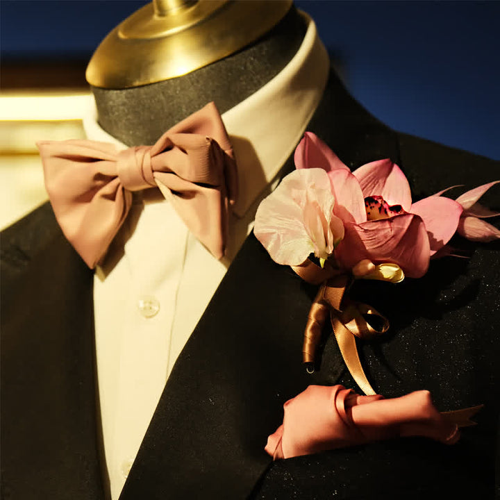 Ensemble de 3 nœuds papillon en queue de poisson avec broche et mouchoir rose fumé pour homme
