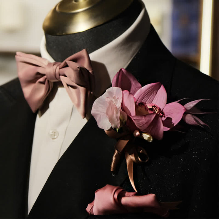Ensemble de 3 nœuds papillon en queue de poisson avec broche et mouchoir rose fumé pour homme