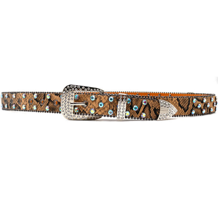 Ceinture en cuir à rivets croisés scintillants à motif serpent marron