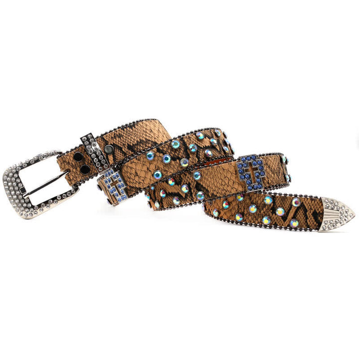 Ceinture en cuir à rivets croisés scintillants à motif serpent marron