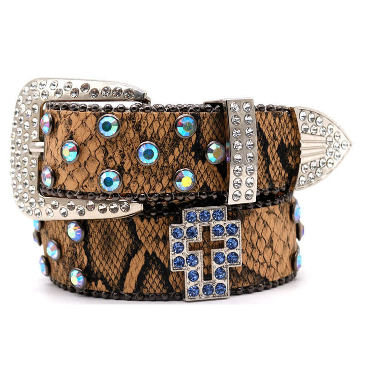 Ceinture en cuir à rivets croisés scintillants à motif serpent marron
