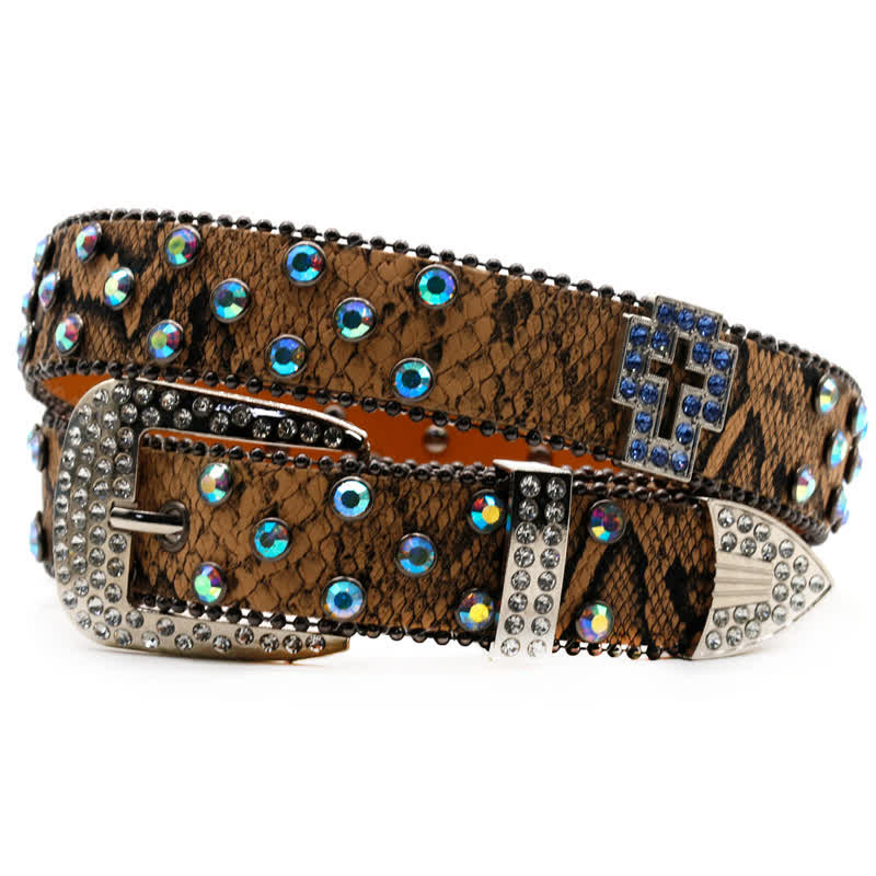 Ceinture en cuir à rivets croisés scintillants à motif serpent marron