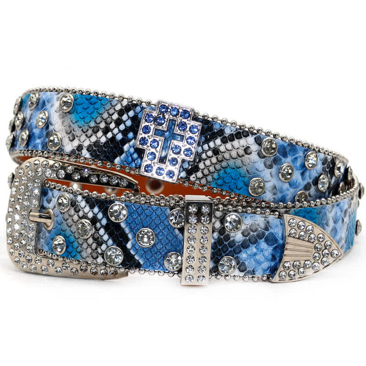 Ceinture en cuir à rivets croisés scintillants à motif serpent marron
