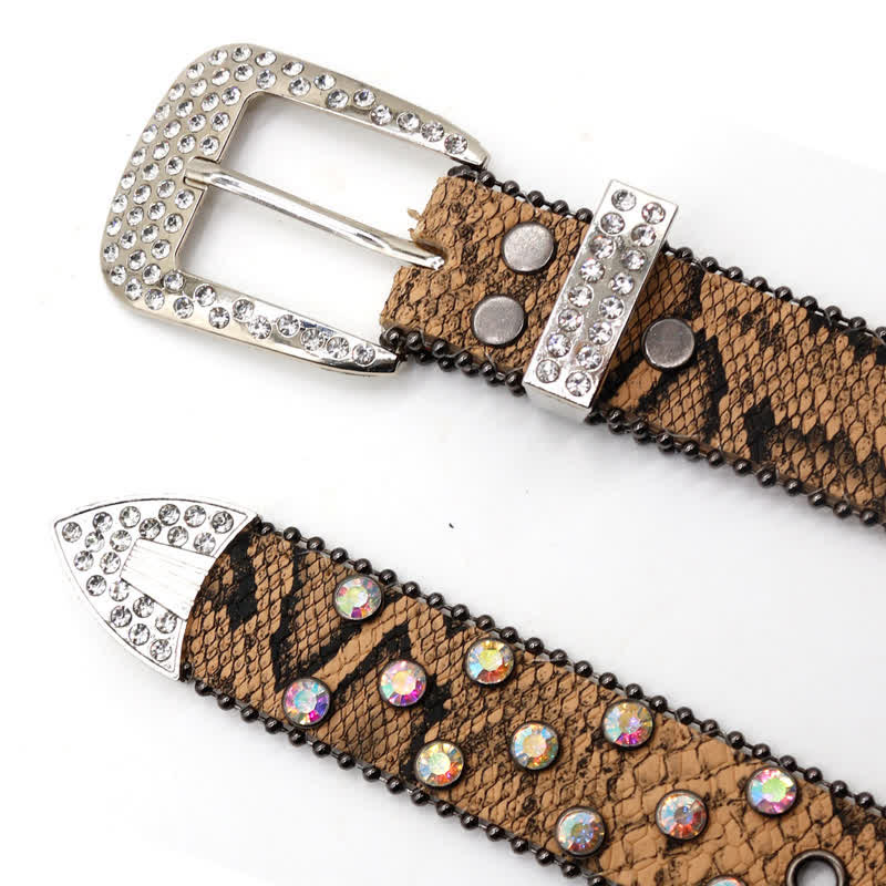 Ceinture en cuir à rivets croisés scintillants à motif serpent marron