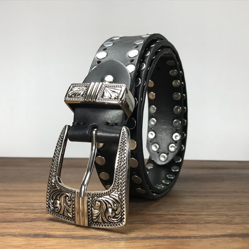 Ceinture en cuir cloutée à deux rangées de rivets ronds Western