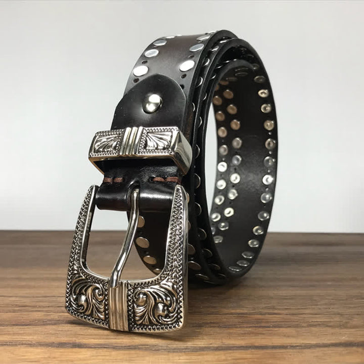 Ceinture en cuir cloutée à deux rangées de rivets ronds Western