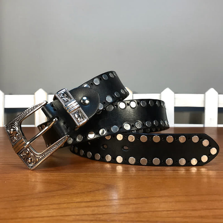 Ceinture en cuir cloutée à deux rangées de rivets ronds Western