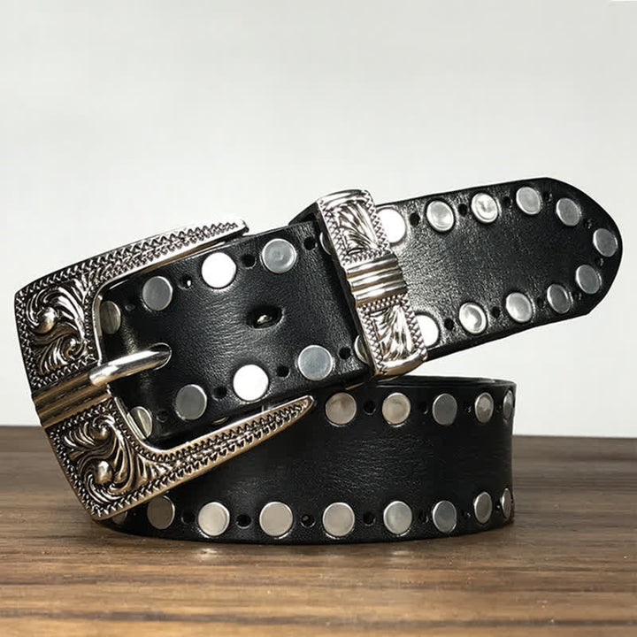 Ceinture en cuir cloutée à deux rangées de rivets ronds Western