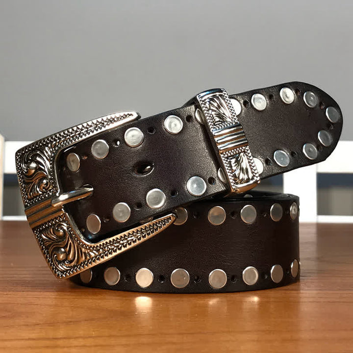 Ceinture en cuir cloutée à deux rangées de rivets ronds Western