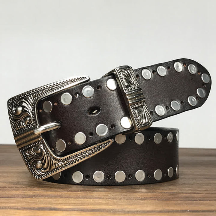 Ceinture en cuir cloutée à deux rangées de rivets ronds Western