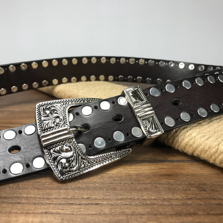 Ceinture en cuir cloutée à deux rangées de rivets ronds Western