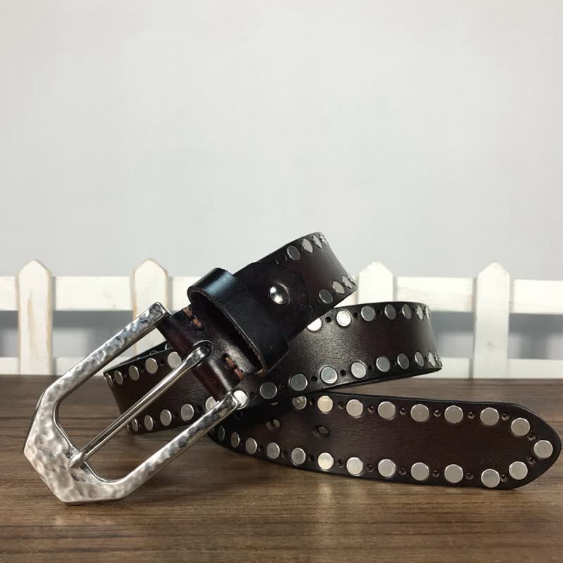 Ceinture en cuir avec boucle marteau et rivets à deux rangées