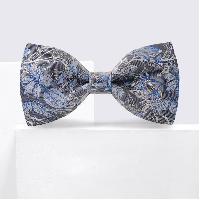 Nœud papillon en soie à fleurs et feuilles grises et bleues pour homme