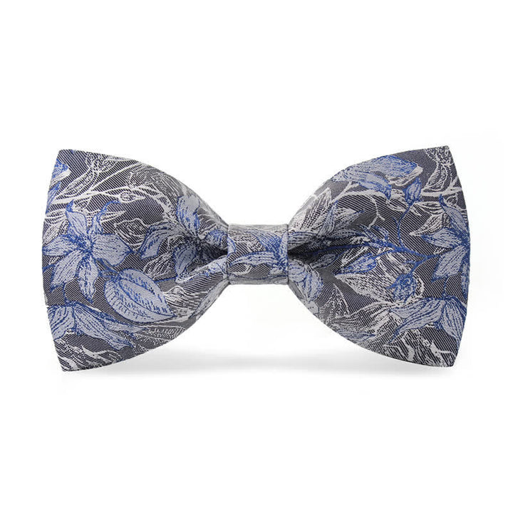 Nœud papillon en soie à fleurs et feuilles grises et bleues pour homme