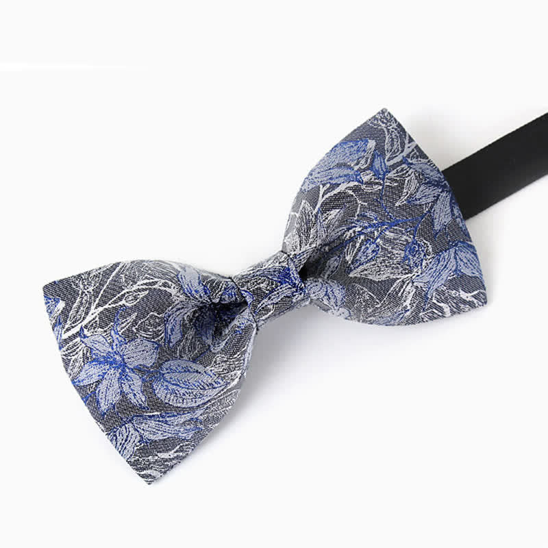 Nœud papillon en soie à fleurs et feuilles grises et bleues pour homme