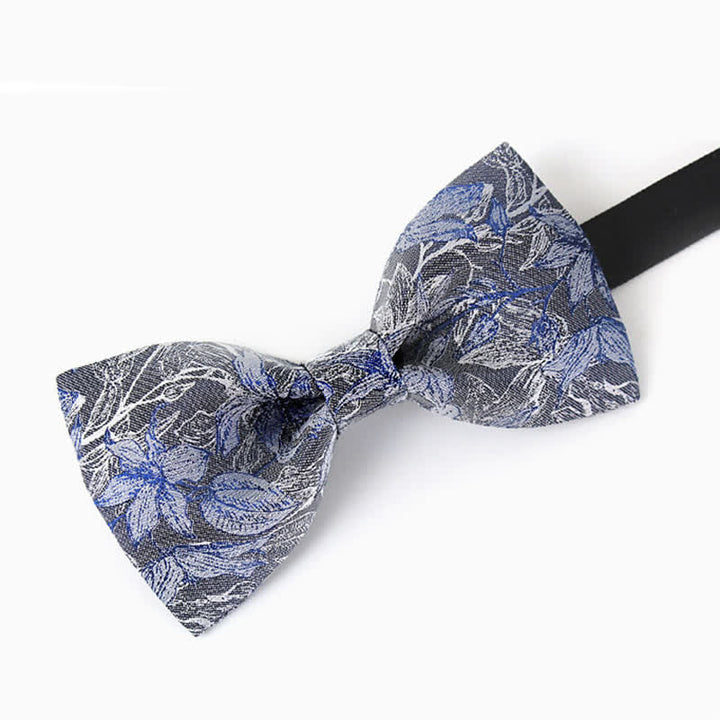 Nœud papillon en soie à fleurs et feuilles grises et bleues pour homme