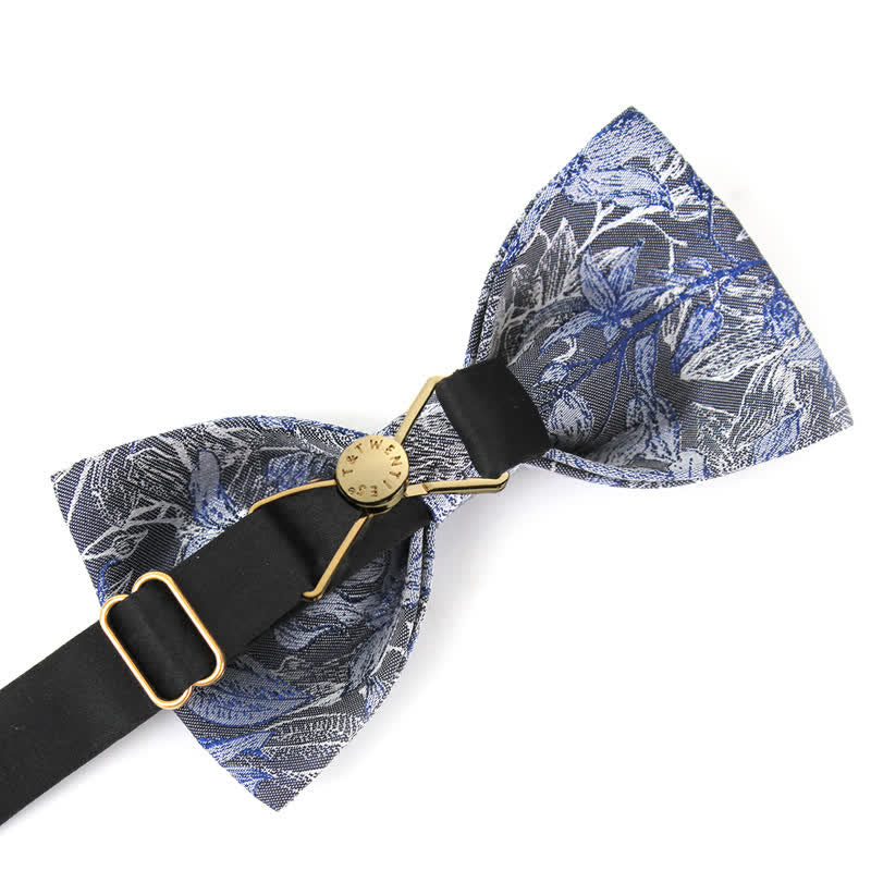 Nœud papillon en soie à fleurs et feuilles grises et bleues pour homme