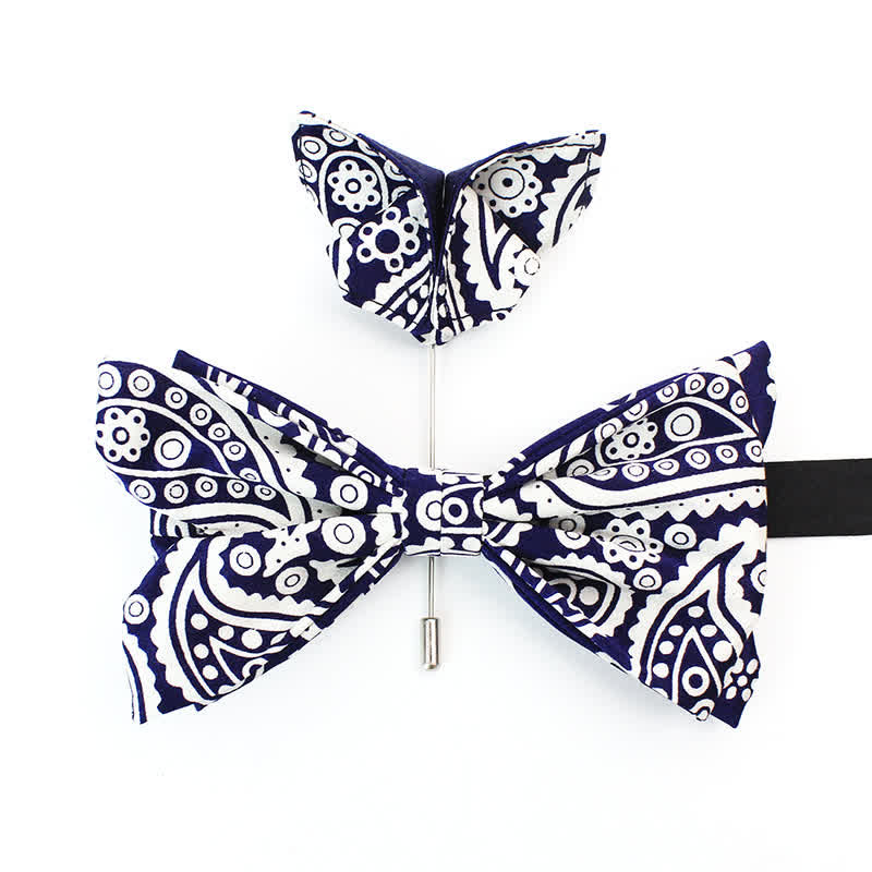 Nœud papillon bleu marine et blanc à pois imprimés en cachemire pour homme
