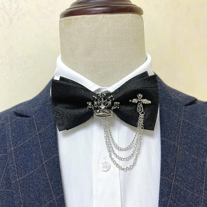 Nœud papillon en métal argenté pour homme avec chaîne en forme de couronne et de croix