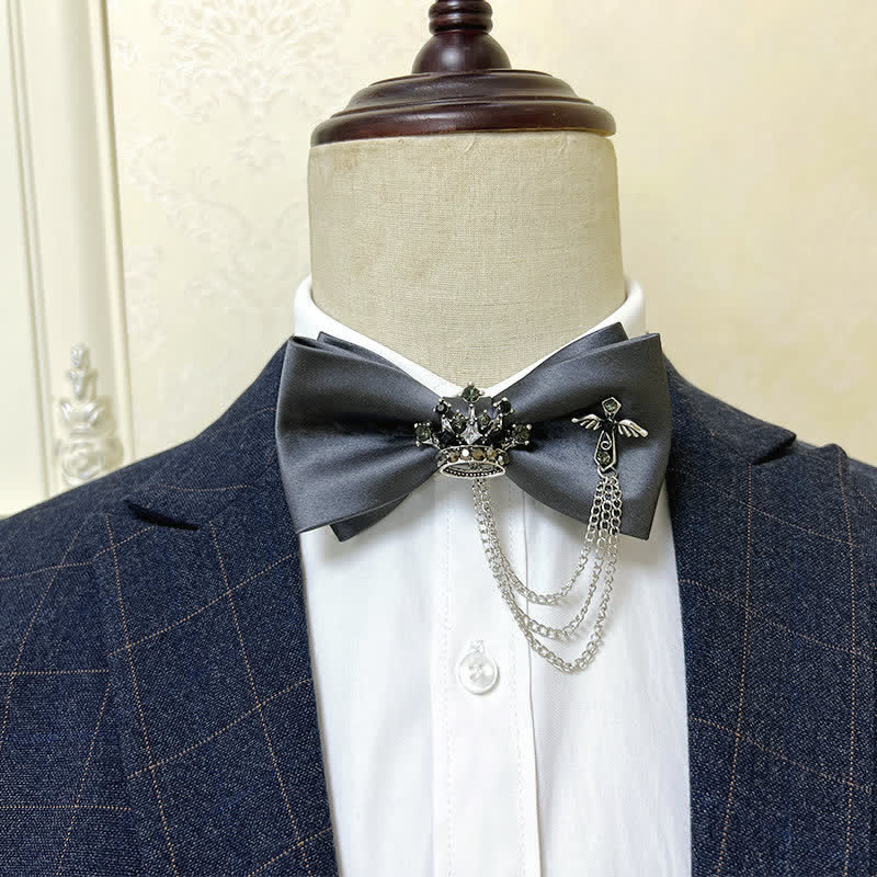Nœud papillon en métal argenté pour homme avec chaîne en forme de couronne et de croix