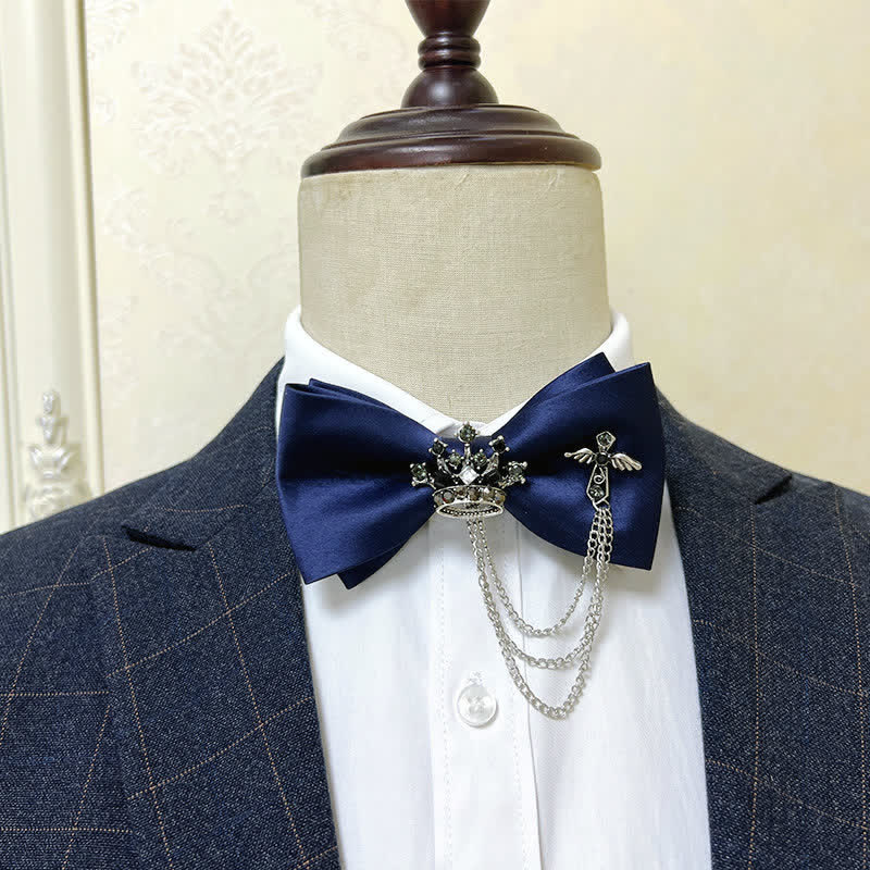 Nœud papillon en métal argenté pour homme avec chaîne en forme de couronne et de croix