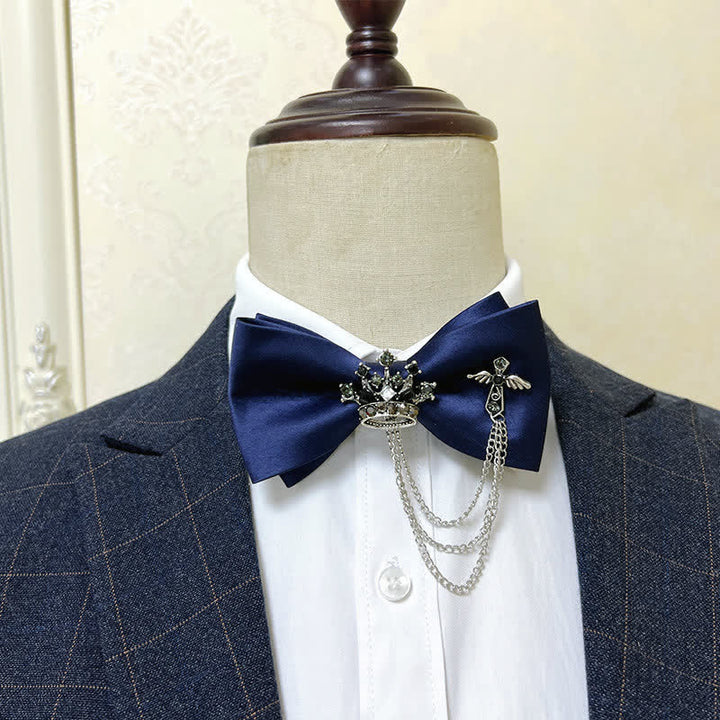 Nœud papillon en métal argenté pour homme avec chaîne en forme de couronne et de croix