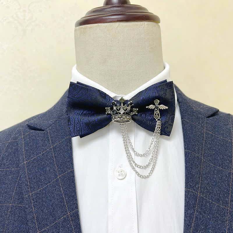 Nœud papillon en métal argenté pour homme avec chaîne en forme de couronne et de croix