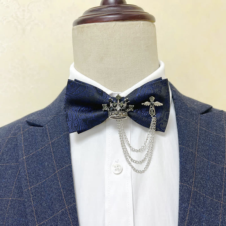 Nœud papillon en métal argenté pour homme avec chaîne en forme de couronne et de croix