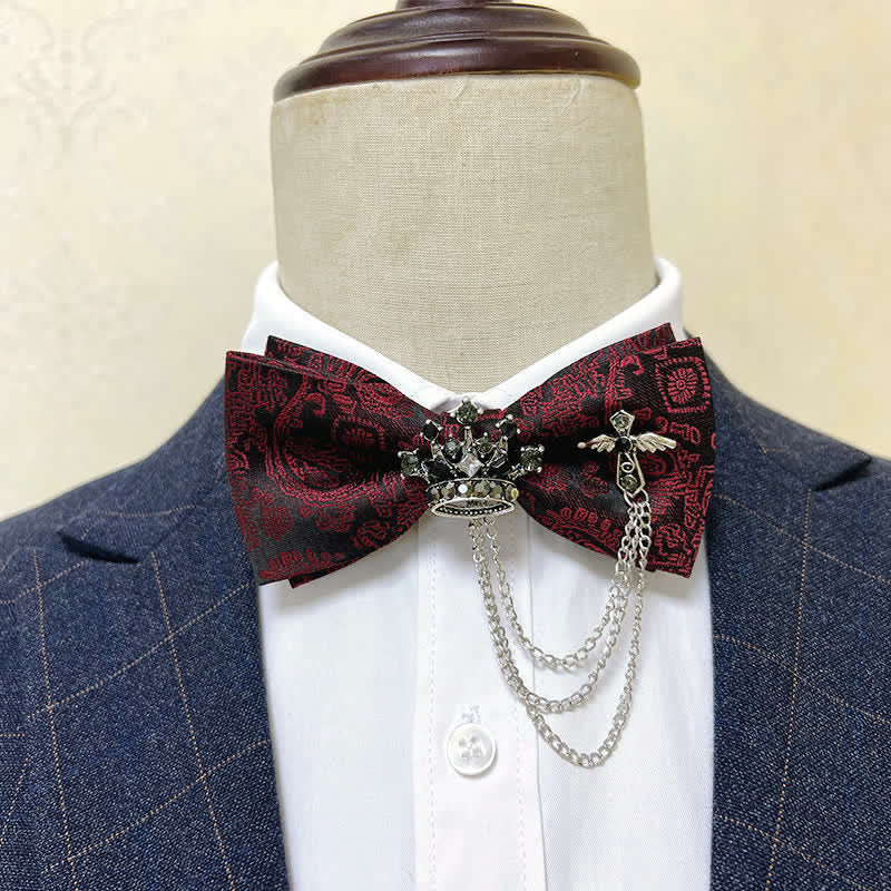 Nœud papillon en métal argenté pour homme avec chaîne en forme de couronne et de croix