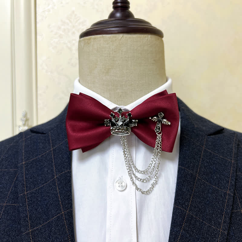 Nœud papillon en métal argenté pour homme avec chaîne en forme de couronne et de croix