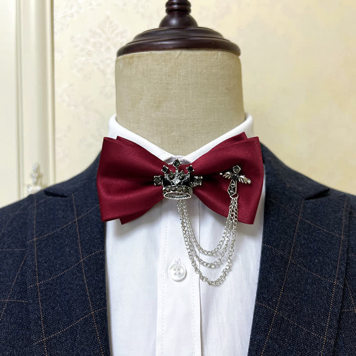 Nœud papillon en métal argenté pour homme avec chaîne en forme de couronne et de croix
