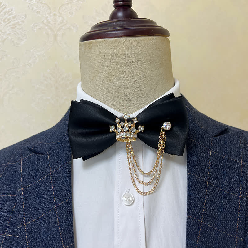 Nœud papillon en métal argenté pour homme avec chaîne en forme de couronne et de croix