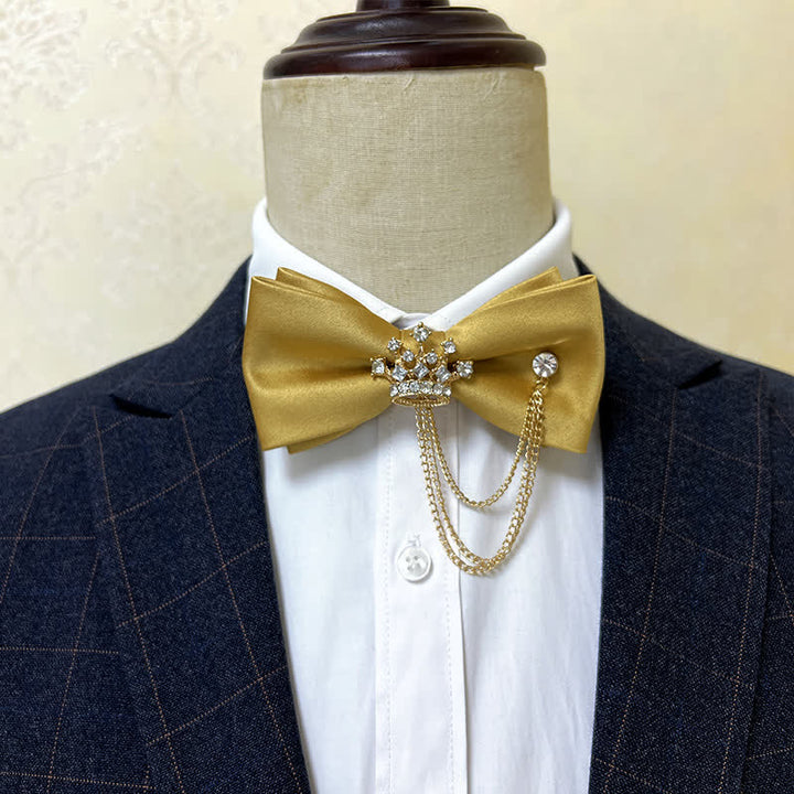Nœud papillon en métal argenté pour homme avec chaîne en forme de couronne et de croix