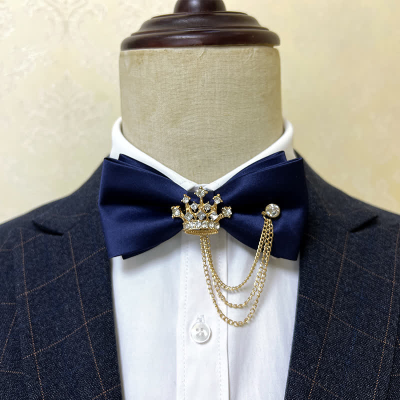Nœud papillon en métal argenté pour homme avec chaîne en forme de couronne et de croix